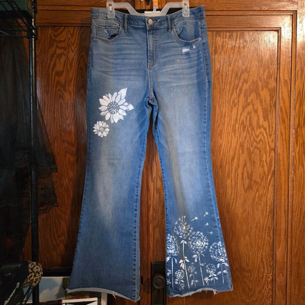 HANDCRAFTED Upcycled Denim Jeans HANDPAINTED Bell Bottoms Floral Design Size 14